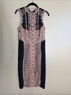 Beguile by Byron Lars Pink & Navy Lace Illusion Midi Dress Size 4